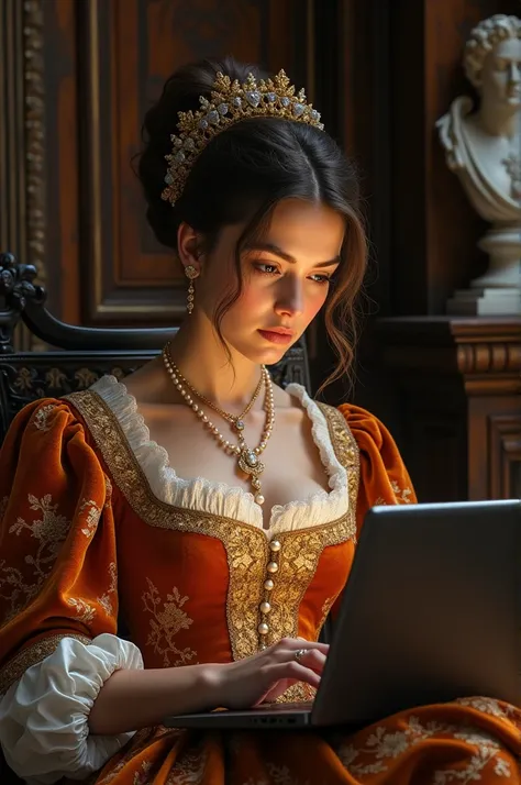  16th-century woman in ornate, velvet Renaissance gown with gold embroidery, pearls, and lace, sits in a softly lit, detailed room with rich, dark wood paneling, and classical sculptures, her eyes intently focused on a sleek, modern laptop, its glow illumi...