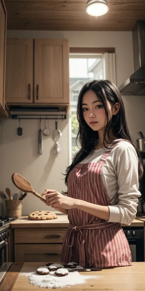 woman, long hair, making cookie, stareing, background:house