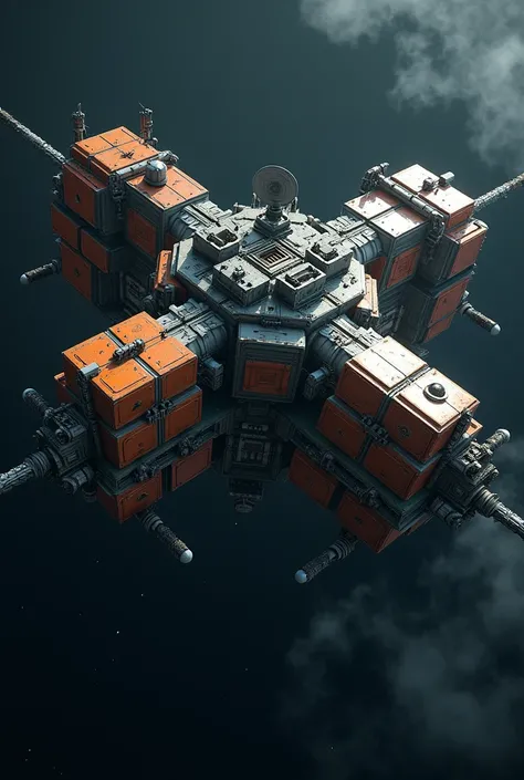 Photograph of a spacecraft space station floating in black space. Lots of containers stuck together  and washed out orange  grey blue with orange logos. Highly detailed. Harsh white light. (((2001 discovery))) truss girder. Radar dish. Thin  Spines and rod...