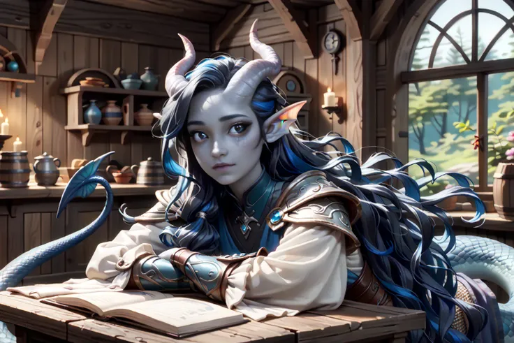 ( sprawling cedar ,  cedar forest outside the tavern window ), (1Тiefling ,  dark blue-gray skin :1.5), ( very thick long tiefling dragon tail :1.5), ( long black flowing hair with dark blue highlights:1.4), ( the bright blue-black pigmentation on the face...