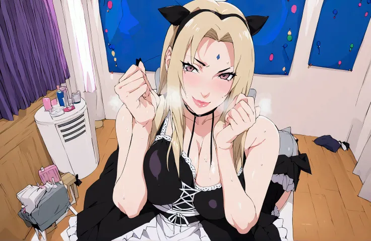 Tsunade from the anime Naruto with big boobs wearing a maid outfit and looking to the camera and looking to the camera with a naughty face and heavy breathing and sweating from hot