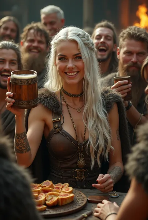 In a grand Viking mead hall, alive with roaring laughter and the clinking of cups, a commanding figure sits among her people—a radiant Viking queen with flowing white hair braided intricately with silver beads. Her piercing green eyes, aglow with a hint of...