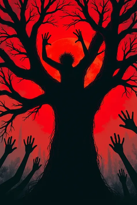 zombie hands reaching a tree, conceptual art, end of evangelion poster, the end of evangelion, end of evangelion, grasp of darkness!!!, devilman, evangelion anime poster, upside down stranger things, abstract horror, evangelion, Background Red and black 