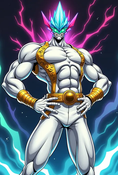 A charismatic cartoon character inspired by the muscular, exaggerated style of JoJos Bizarre Adventure. The character has a highly detailed, muscular human body with dramatic shading and bold, confident proportions. Instead of a human head, the character h...