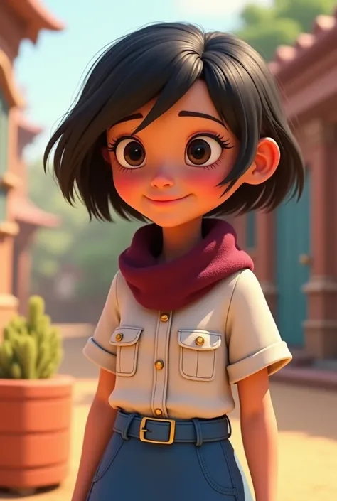  Pixar-type animation no girl with short black hair,  black eyes ,  short white shirt with square pockets  ,blue belt , skirt had blue  ,  scout-style scarf but wine color on the collar 