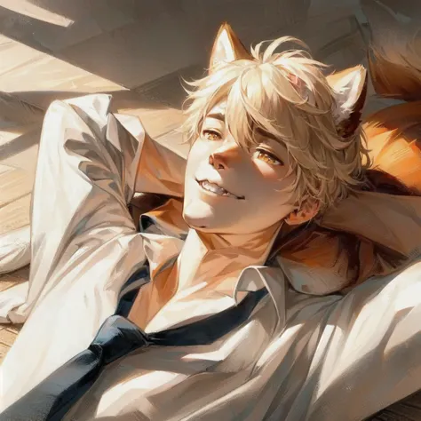 anime guy with shiba inu ears laying on the floor, sakimichan, artwork in the style of guweiz, high quality fanart, handsome anime pose, anime. soft lighting, kawaii realistic portrait, trending on artstation pixiv, guweiz, 4k anime wallpaper, 4 k manga wa...