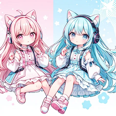  long light blue hair，pink and white trainers， pink eye， black headphones ，high image quality、 High Quality 