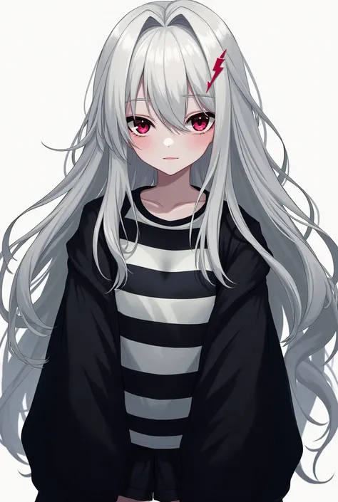 White-haired girl with a little bit of black and red eyes with black and white striped shirt and open black sweater and black skate shoes with blenco and long sleeves from the sweater