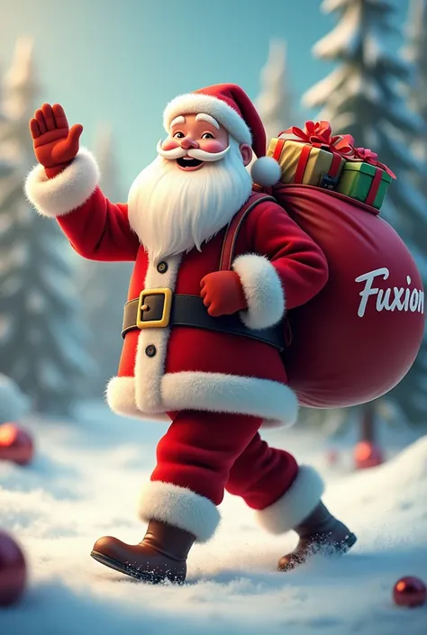 Santa Claus walking on his cheery side ,  carrying on his back his gift bag that has the word of FUXION on his back.  And turning his head smiling and raising his hand waving... real image 