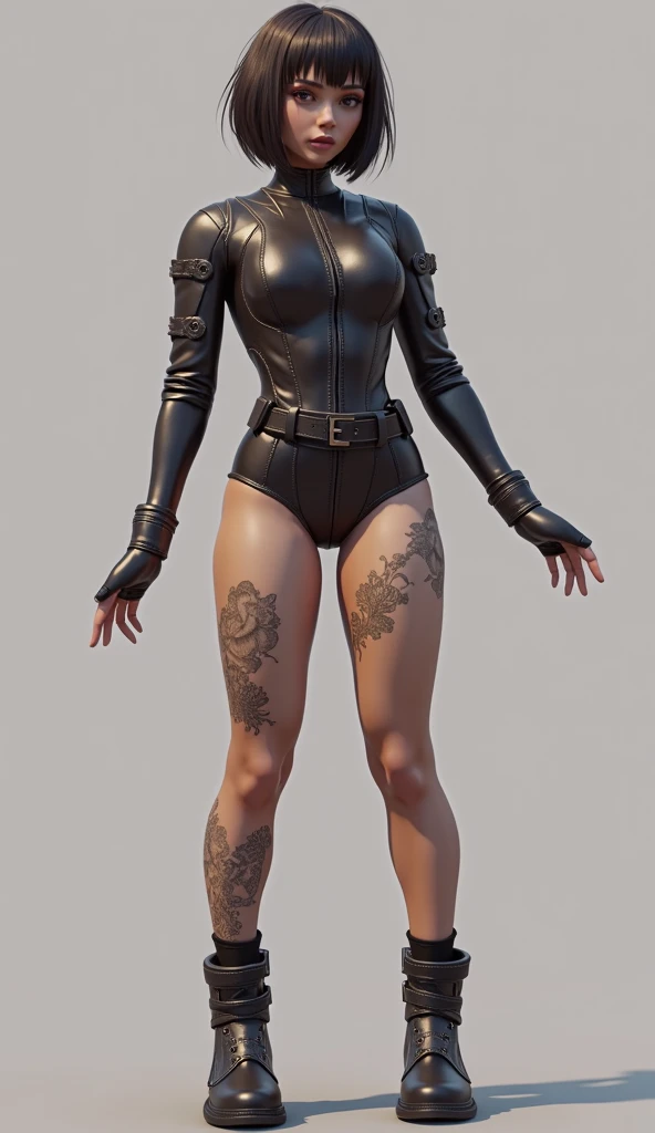 1girl, reinforced racing leather leotard, trick raised leather, trick leather seam, tight fit collar, sexy look, high waist, super slim waist, defined small boobs, leather patch on chest, stitched rough seams, metal rivets, long bare legs, high sneakers, l...