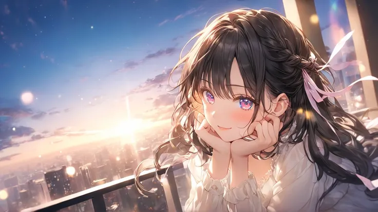 (masterpiece,  top quality ), Extremely detailed CG Unity 8k , Wide angle,whole body,Anime-style illustrations、 draw a long-haired woman standing on a city balcony in the evening 。The woman is holding down a skirt that soars in the wind。She is wearing a wh...