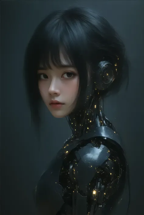   cyborg girl, short black hair, beautiful face,   big breasts  , robotics, Sci Fi fantasy, Dark surrealism, cyberpunk background, High detail, masterpiece.