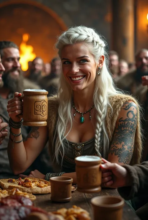 In a grand Viking mead hall, alive with roaring laughter and the clinking of cups, a commanding figure sits among her people—a radiant Viking queen with flowing white hair braided intricately with silver beads. Her piercing green eyes, aglow with a hint of...