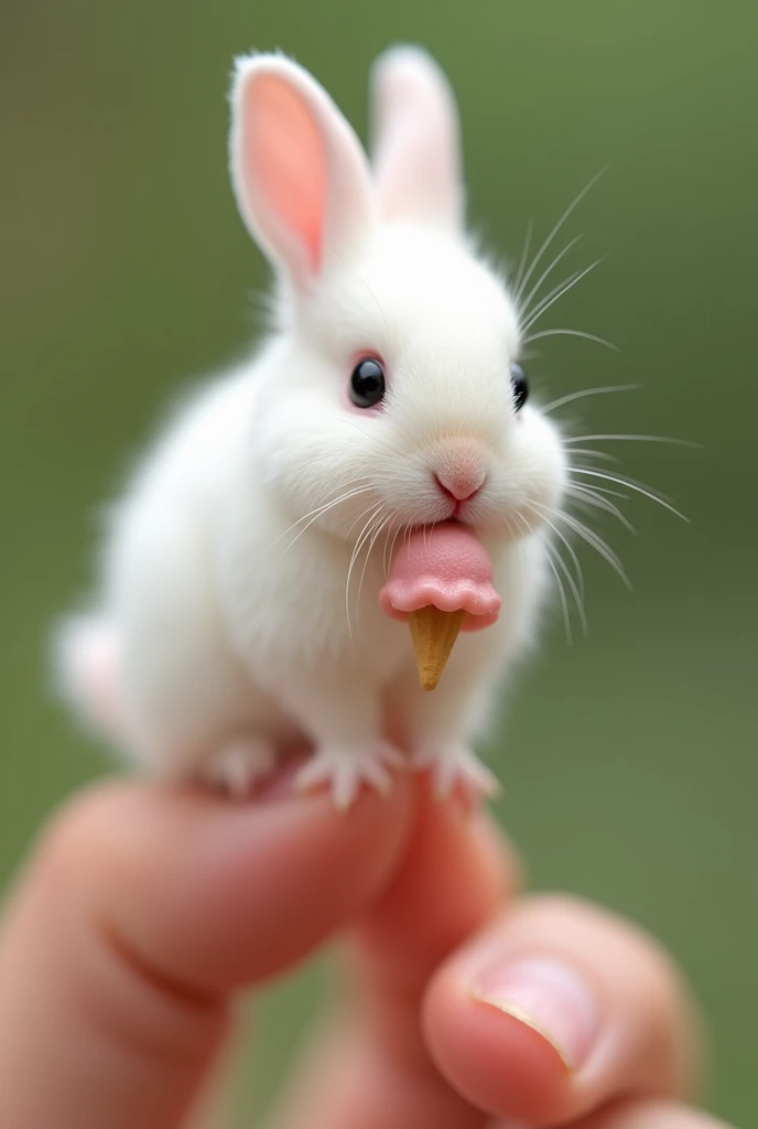 There is a little rabbit on my finger， Little Minzis body is the size of a nail cover ，White furry， It holds a small object similar to ice cream in its mouth。Natural background blurry ， to highlight the cute image of Little Minzi 。 a clear cute image of a ...