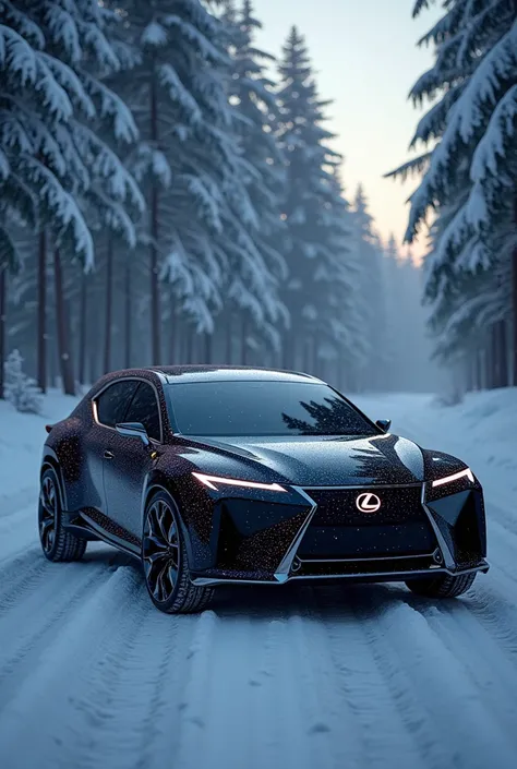   realistic photo , Futuristic concept car made by Lexus Motors,  seven-seater state wagon style With black paint with paint details reminiscent of stars and galaxies In the Arctic with working hours in the background