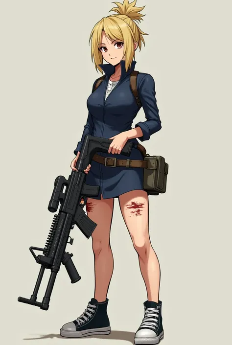  Blonde woman in short navy blue dress,  converse shoes, a machine gun in his hands, hair tied up and messy ,  wounds on her body and with blood  