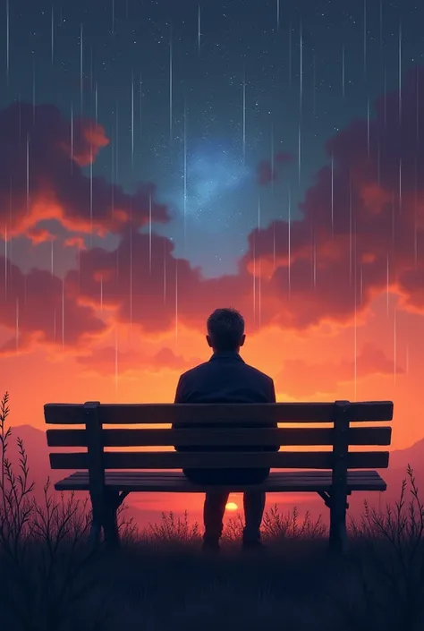 a man sitting on a bench, sad expression, in a beautiful sunset, faded dream girl in the sky, the man should be looking at it, add a girl with faded effect in the sky, make the girl a bit bigger and add north lights, change the color of the back ground and...