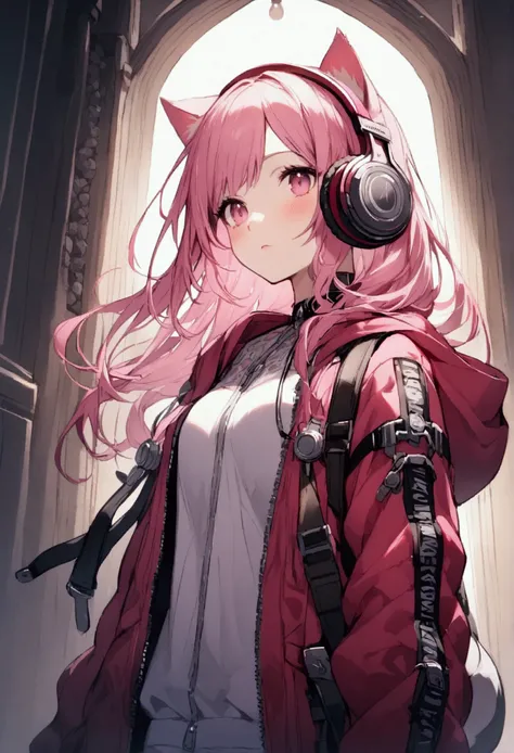 Pink Hair、Headphones with cat ears、hoodie、Pink、Girl