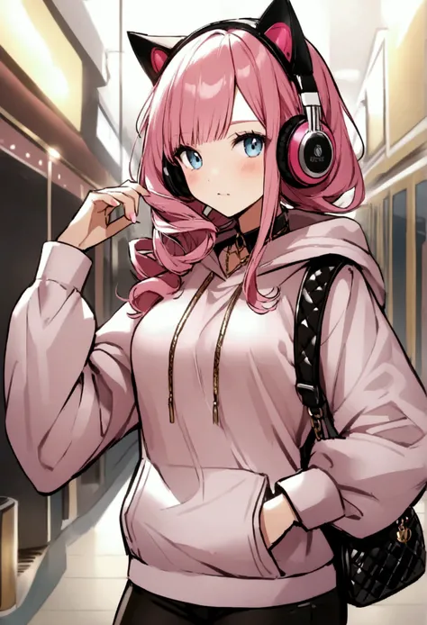 Pink Hair、Headphones with cat ears、hoodie、Pink、Girl