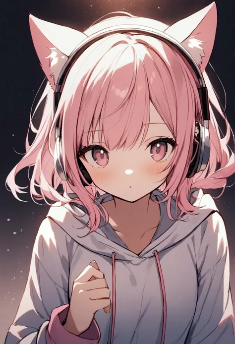 Pink Hair、Headphones with cat ears、hoodie、Pink、Girl