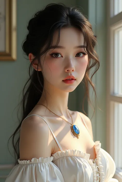  Albina girl with beautiful features ,  wears a fabric necklace with a beautiful Sapphire jewel, She wears a dress with balloon sleeves  , 8K, masterpiece,  better quality,  High resolution,  perfect anatomy 