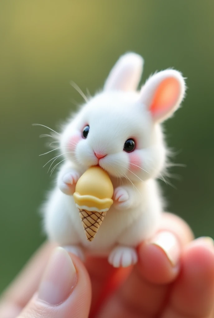 There is a little rabbit on my finger， Little Minzis body is the size of a nail cover ，White furry， It holds a small object similar to ice cream in its mouth。Natural background blurry ， to highlight the cute image of Little Minzi 。 a clear cute image of a ...