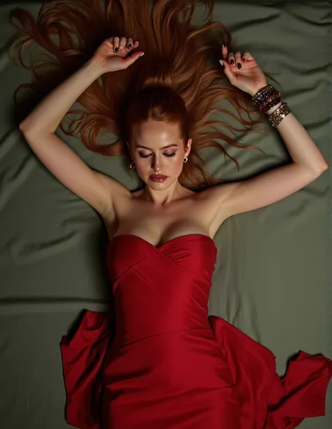 Madaline Petsch, picture from above, lying limp on a bed on back, red strapless dress , drunk face, arms up, blank stare