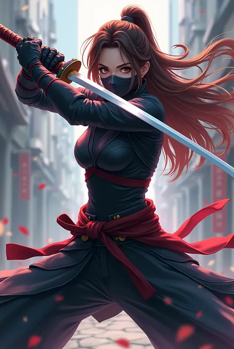  ninja anime girl wearing two swords ,Wearing two swords, wearing a ninja costume, armor, and gloves,Has long brown hair、Wearing a mask