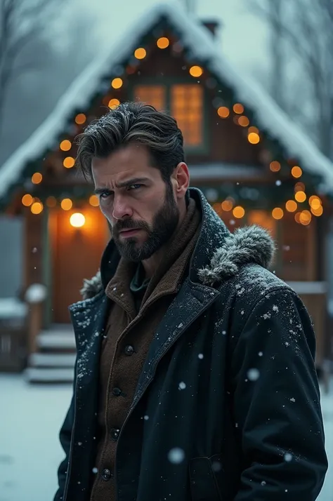 Handsome man with short beard waits crying in front of a Christmas hut