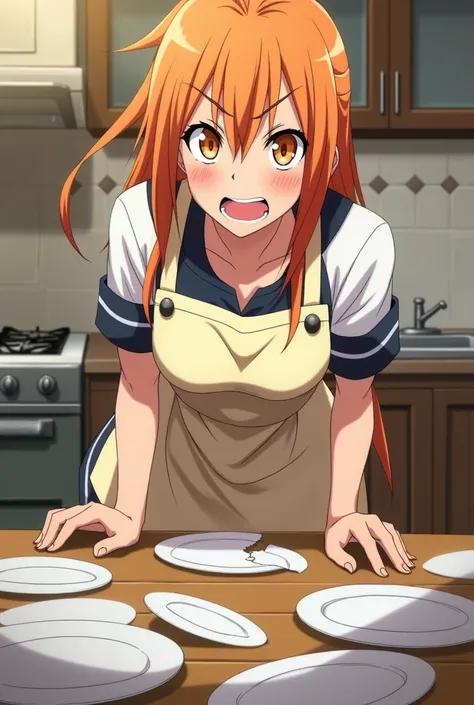 Anime Asuna Yuuki with orange hair and orange eyes she wears household clothes with an apron she is angry because her plates broke with the worker 