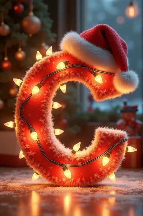 Blue letter c with Christmas lights and a Christmas hat on the letter 