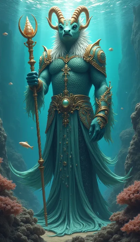 Imagine a gigantic, imposing, and realistic fantastic creature representing the Pisces zodiac sign as a king. Its form is that of a majestic creature with the body of a gigantic fish and a flowing tail, covered in iridescent scales that shimmer in deep blu...