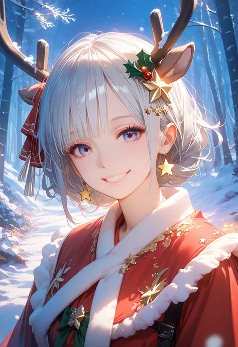 ((Female, Samurai, Silver hair, Star hair accessory, Smiling face, Armor the same color as Santa Clauss outfit, Reindeer antlers, Heavy snow, Snowy forest))),(Ashley Wood: 1.3),Realist,(Masterpiece, Top quality, Official art, Beautiful, Gothic, Tokyo Ghoul...