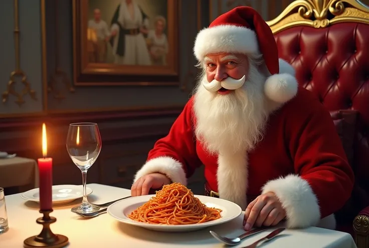 Santa Claus is eating spaghetti on the edge of a fancy restaurant。Candle。