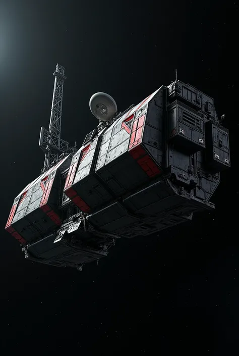 Photograph of a  black and grey spacecraft space station floating in black space. Lots of  black containers stuck together.  and with red diagonal stripes. Highly detailed. Harsh white light. (((2001 discovery))) truss girder. Radar dish.  