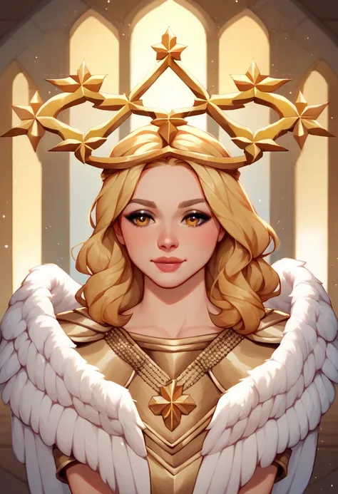 Female Angel with light_Blonde hair, Wavy Medium hair and Amber eyes, wearing golden medieval armor, in a marble room, thick arms, (light_yellow angel wings), in stylish comic drawing styleultra-high resolutions, score_9, score_8_up, score_7_up, score_6_up...