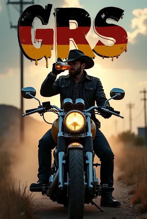 Create a gloomy image with the letters GRs above, A cowboy who bears the name Dark Luke on his motorcycle and drinks a beer bottle in a western setting in the background is a German flag standing on the motorcycle is Dark Luke
