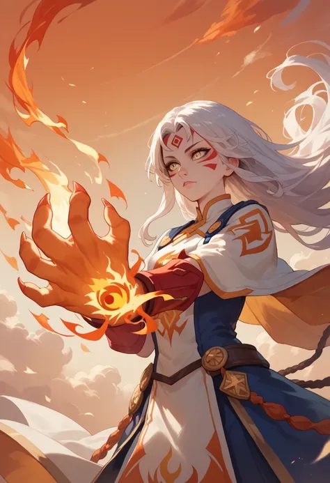 woman, fire hair, white skin, red face paint, jentry chau, anime style, fire powers, yellow eyes, white hair, cat-like third eye on forehead, fire in hands, long hair, standing flying in sky, orange twilight sky