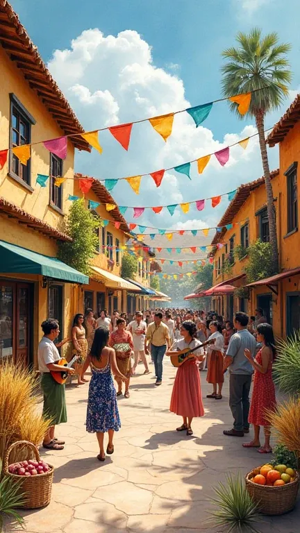 draw a small town square decorated with flowers and flags. People are dancing, playing guitars and drums. There are baskets of fruit and ears of wheat everywhere. Here you can see both dark-skinned people and people with light skin, as well as Asians. You ...