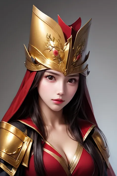 ((The upper body of a female warrior wearing gold and red armor and a cloak:1.4)),1 person,  black hair,  belly shortcut   ,Big breasts and cleavage,  high-definition face and skin texture  ,  staring at the camera,   Chinese Warrior:1.2,  perfect beauty: ...