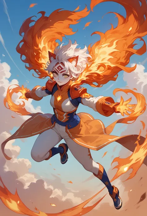 woman, fire hair, white skin, red face paint, jentry chau, anime style, fire powers, yellow eyes, white hair, feline style third eye on forehead, fire in hands, voluminous hair, standing flying in the sky, orange twilight sky