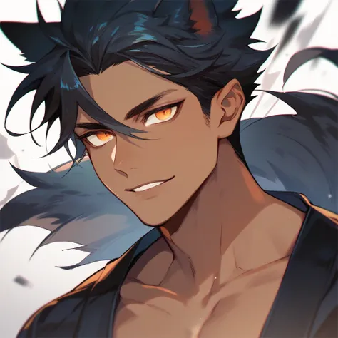 wolf demihuman, with short black hair, tan skin, and orange eyes. has pointy black wolf like ears and a wolf like tail