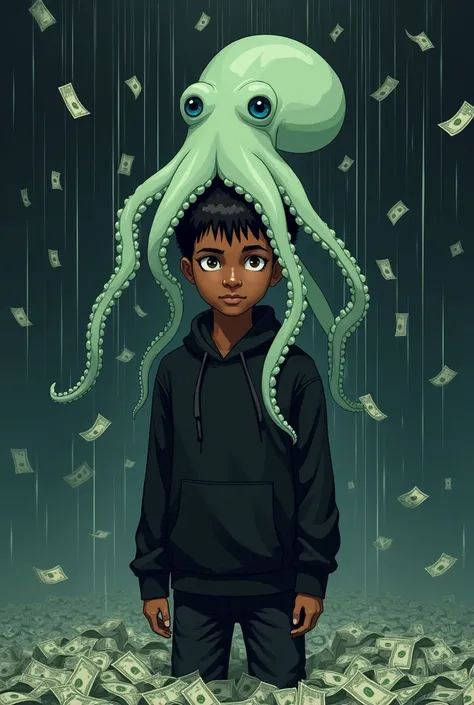 Rain of money all black boy in black clothes and with a squid on his head anime