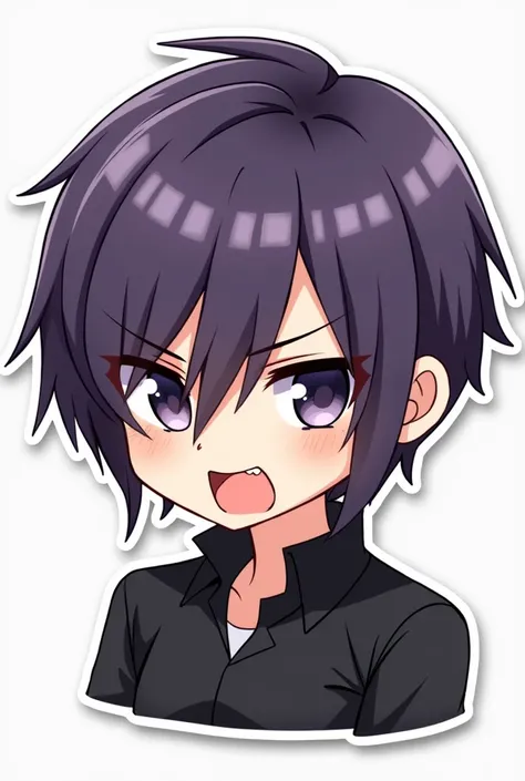 Leon Kennedy Illustrated twitch stickers for a boy, just head and shoulder ,  chibi anime style, black shirt, purple hair, Bravo, angry, fear