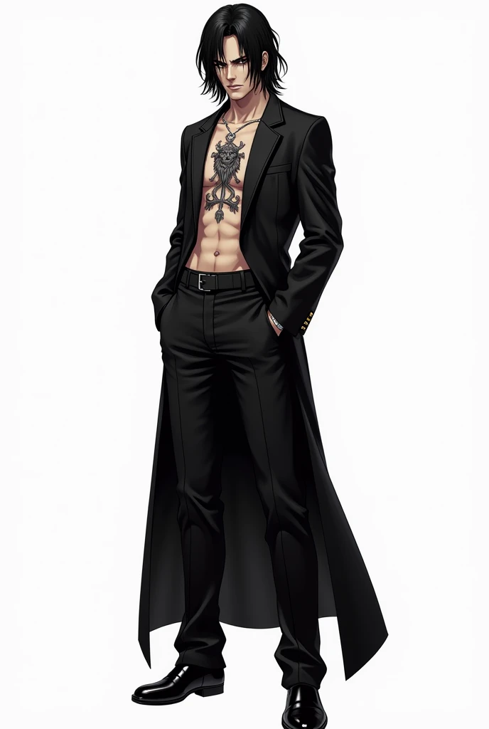  comic style,  of a 27-year-old Japanese man . He has semi-long black hair, dark eyes .  dark lights and shadows with white . white background.  dressed like Yakuza . intimidating.  realistic .
 full body of standing.  with a lion tattoo on her chest . ele...