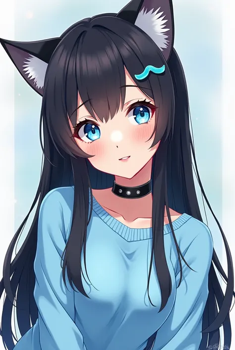  you can make an 18-year-old girl ,  white skin ,  dark brown hair and waist-length,  sky blue eyes, light blue sweater, black flick, black socks ,  sky blue cat ears as an accessory , anime style .