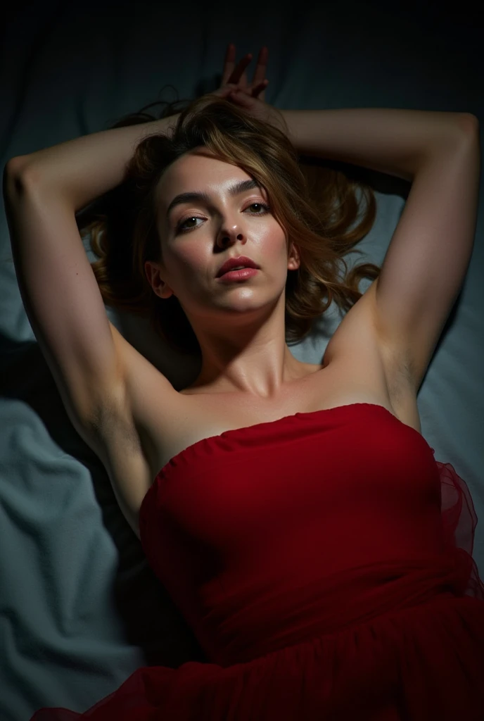 Jodie Comer, picture from above, lying limp on a bed on back, red strapless dress , drunk face, arms up, blank stare