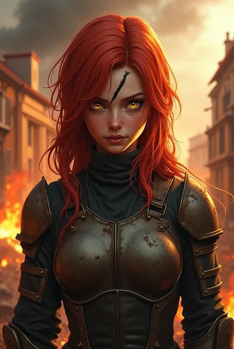 A redhead girl, yellow-eyed, king, with a scar crossing his eyebrow ,  dressed in soldiers armor and in the background,  houses on fire.