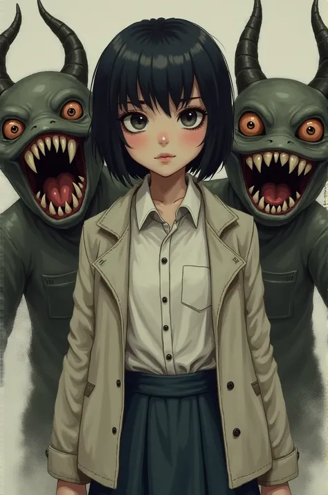  make an image of a girl with short hair , small, squinted eyes ,  who has a light jacket and a long shirt,  a skirt below and medium high ,  with evil spirits that she controls behind ,  with monstrous mouths with sharp teeth ,  semi-realistic style 