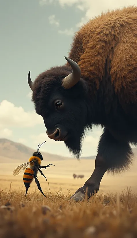 intense face-off between buffalo and bee